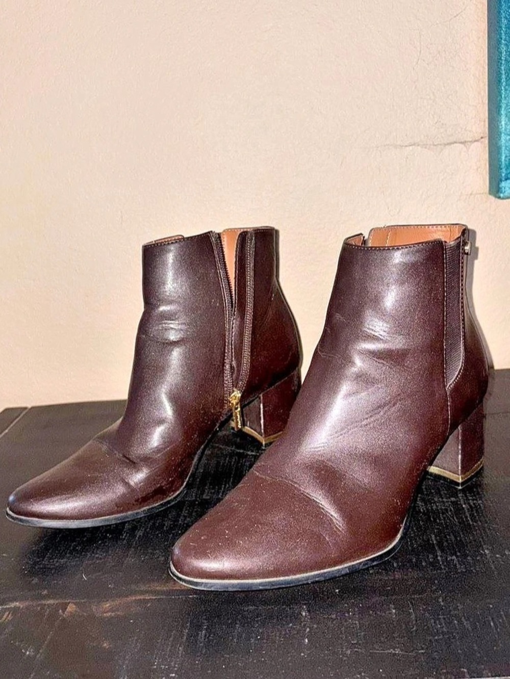 Calvin Klein Fioranna Ankle Heel Boots Brown w/ Zip Up Sides & Gold Emblems US 8